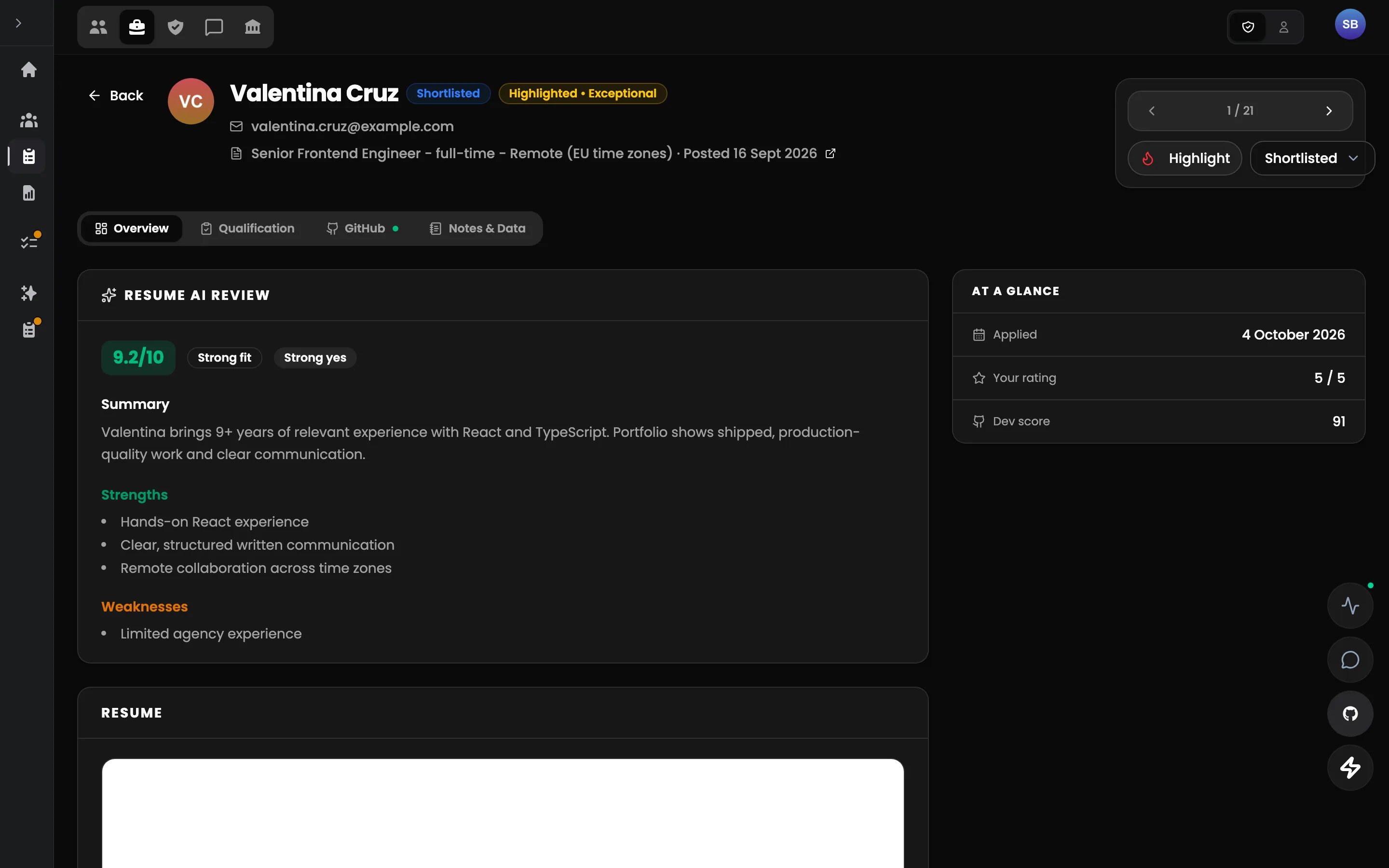 Talent Portal — Applicant profile